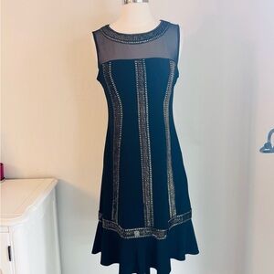 SLNY Black Sleeveless Mesh Yoke Dress with Gold Fabric Accent, Size 6